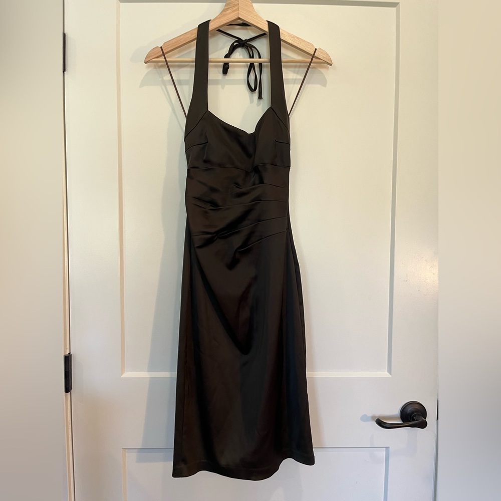 Cache Brown green Halter top Y2K date night cocktail mobwife sateen dress Sz 4